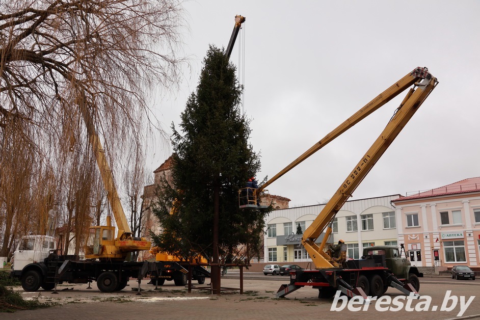 ФОТОФАКТ. В Большой Берестовице на площади Ратушной началась установка новогодней елки