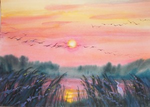 Розовый вечер. Цапля в камышах. 2014